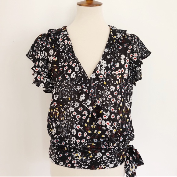 Parker Tops - Parker Black Floral Ruffled Wrap Blouse Size S